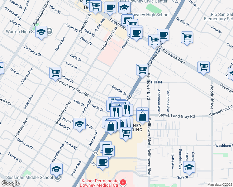map of restaurants, bars, coffee shops, grocery stores, and more near 11807 Deming Avenue in Downey
