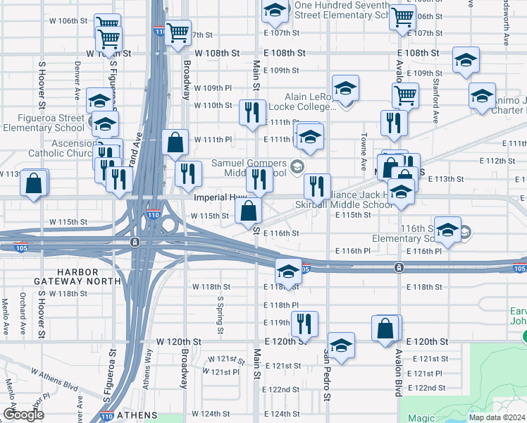 map of restaurants, bars, coffee shops, grocery stores, and more near 11428 South Main Street in Los Angeles