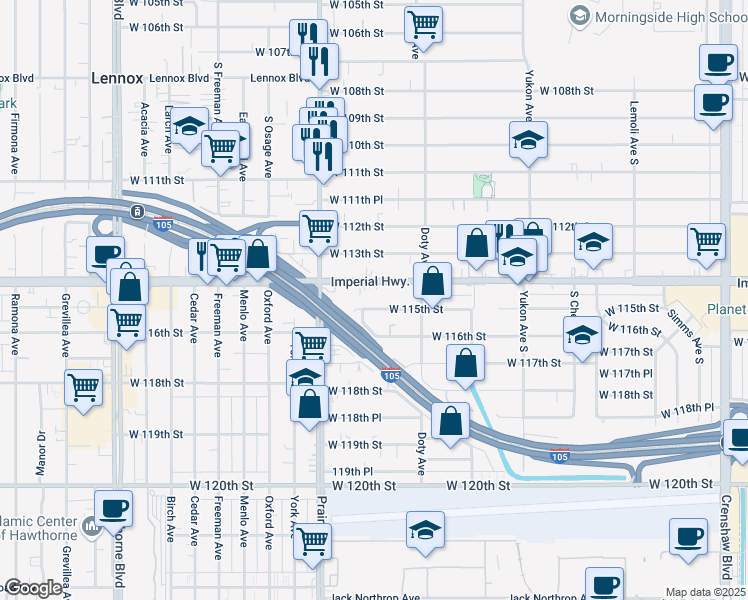 map of restaurants, bars, coffee shops, grocery stores, and more near 3841 West 115th Street in Hawthorne