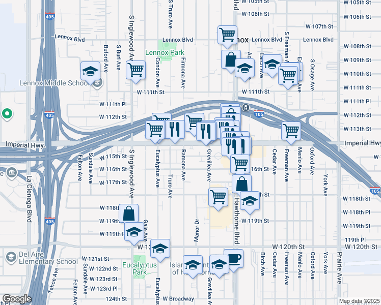 map of restaurants, bars, coffee shops, grocery stores, and more near 4555 West 115th Street in Hawthorne