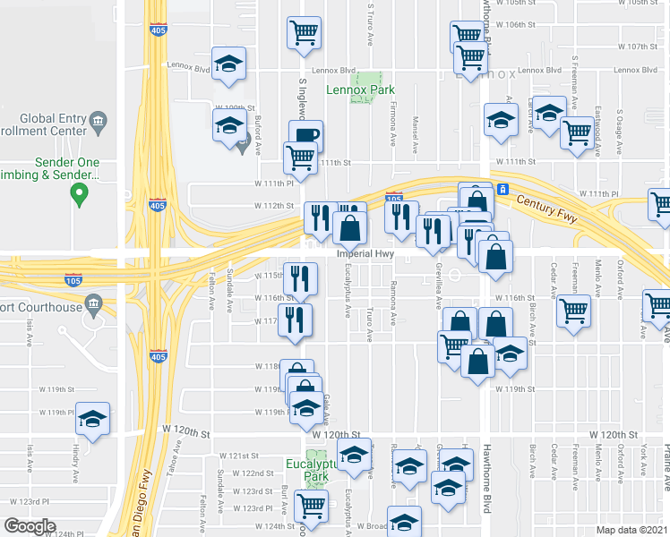 map of restaurants, bars, coffee shops, grocery stores, and more near 11439 Gale Avenue in Hawthorne