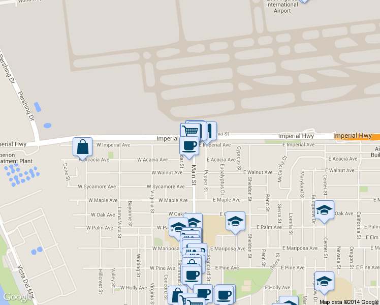 map of restaurants, bars, coffee shops, grocery stores, and more near 950 Main Street in El Segundo