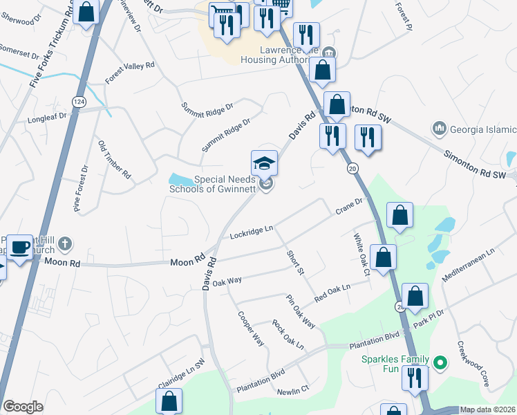 map of restaurants, bars, coffee shops, grocery stores, and more near 702 Davis Road in Lawrenceville