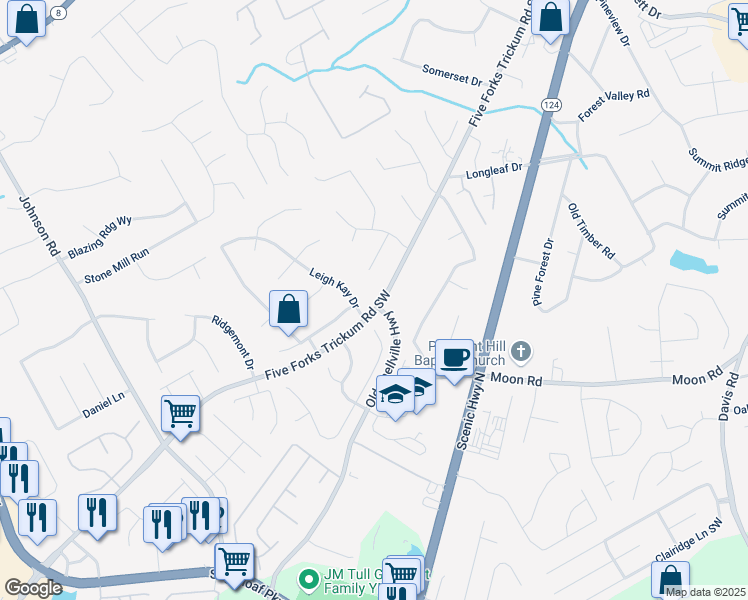 map of restaurants, bars, coffee shops, grocery stores, and more near 894 Five Forks Trickum Road Southwest in Lawrenceville