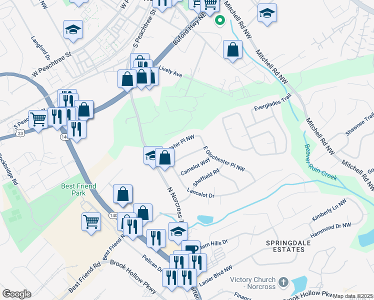 map of restaurants, bars, coffee shops, grocery stores, and more near 679 Winchester Lane in Norcross