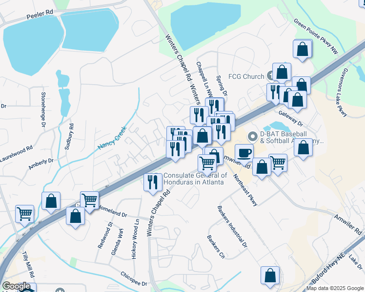 map of restaurants, bars, coffee shops, grocery stores, and more near 607 Peachtree Place Parkway in Atlanta