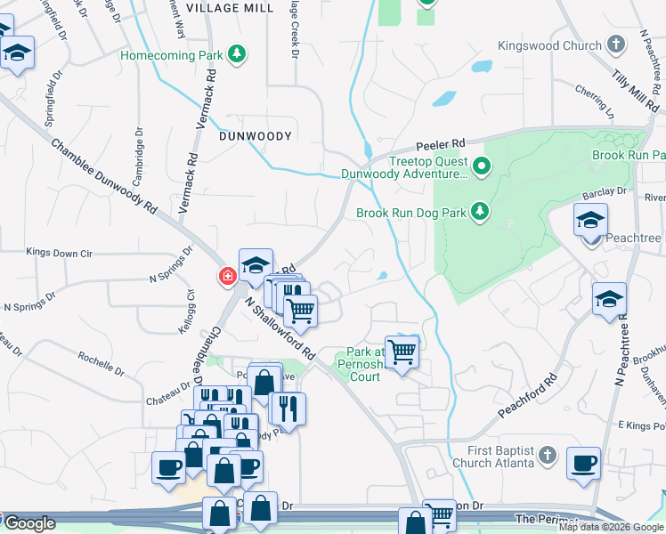 map of restaurants, bars, coffee shops, grocery stores, and more near 4592 Village Oaks Circle in Dunwoody