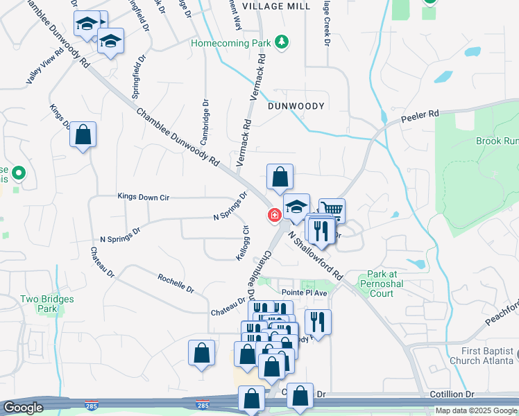 map of restaurants, bars, coffee shops, grocery stores, and more near 4746 Chamblee Dunwoody Road in Dunwoody