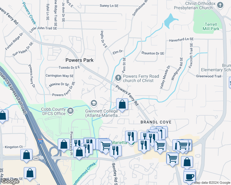 map of restaurants, bars, coffee shops, grocery stores, and more near 2638 Stoney Creek Road in Marietta
