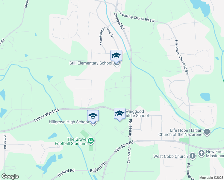 map of restaurants, bars, coffee shops, grocery stores, and more near 958 Casteel Road in Powder Springs