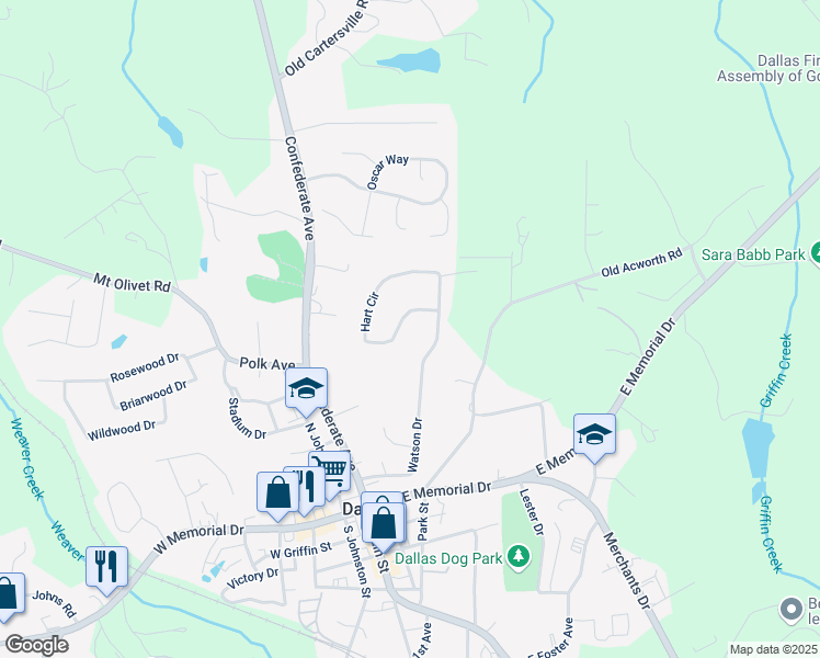 map of restaurants, bars, coffee shops, grocery stores, and more near 207 Hart Circle in Dallas