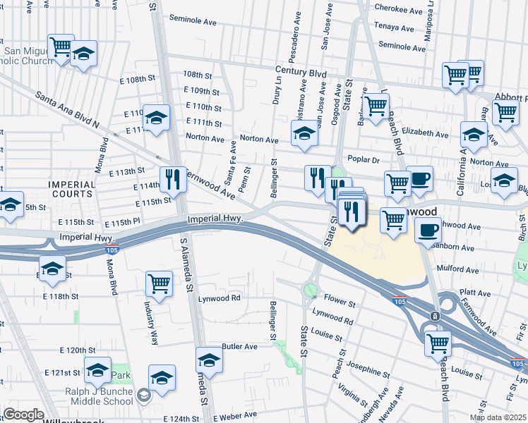 map of restaurants, bars, coffee shops, grocery stores, and more near in Lynwood