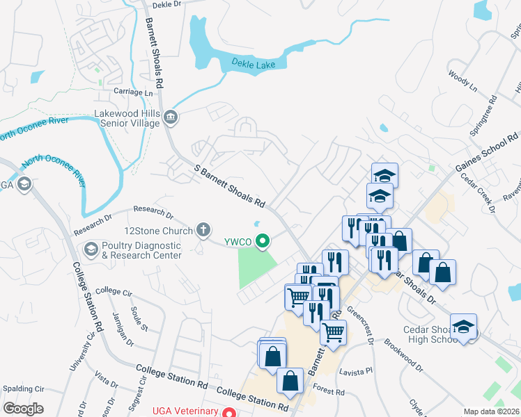 map of restaurants, bars, coffee shops, grocery stores, and more near 1360 South Barnett Shoals Road in Athens