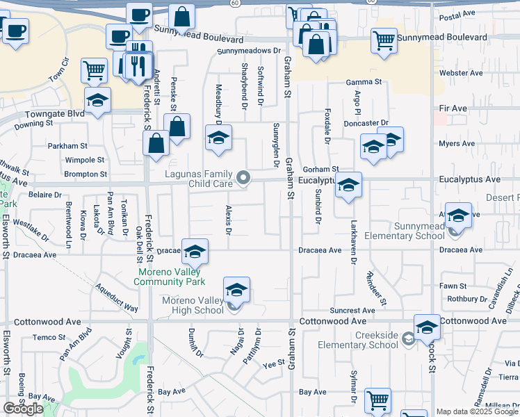 map of restaurants, bars, coffee shops, grocery stores, and more near 23352 Vida Court in Moreno Valley