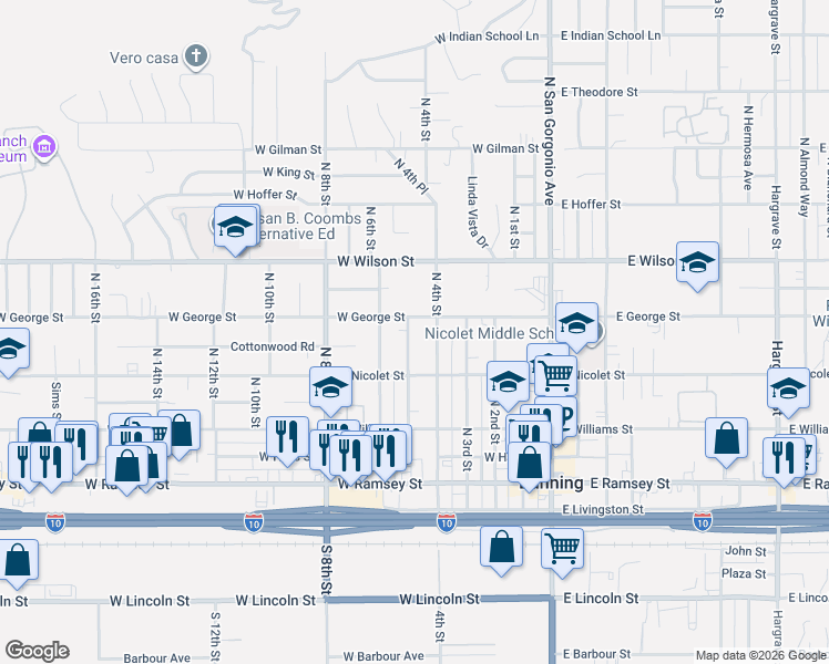 map of restaurants, bars, coffee shops, grocery stores, and more near 513 North 4th Street in Banning