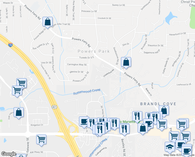 map of restaurants, bars, coffee shops, grocery stores, and more near 2236 Surrey Court in Marietta