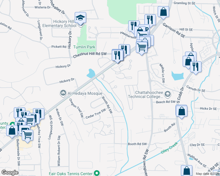map of restaurants, bars, coffee shops, grocery stores, and more near 1052 Brownstone Drive Southwest in Marietta