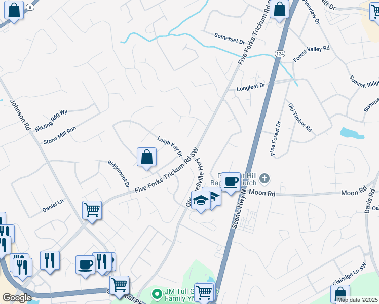 map of restaurants, bars, coffee shops, grocery stores, and more near 894 Five Forks Trickum Road Southwest in Lawrenceville