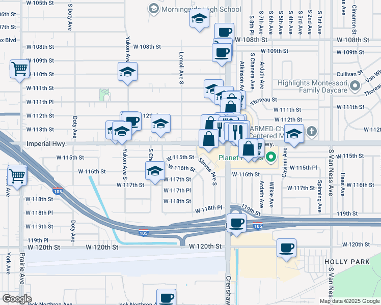 map of restaurants, bars, coffee shops, grocery stores, and more near 3311 West 115th Street in Inglewood