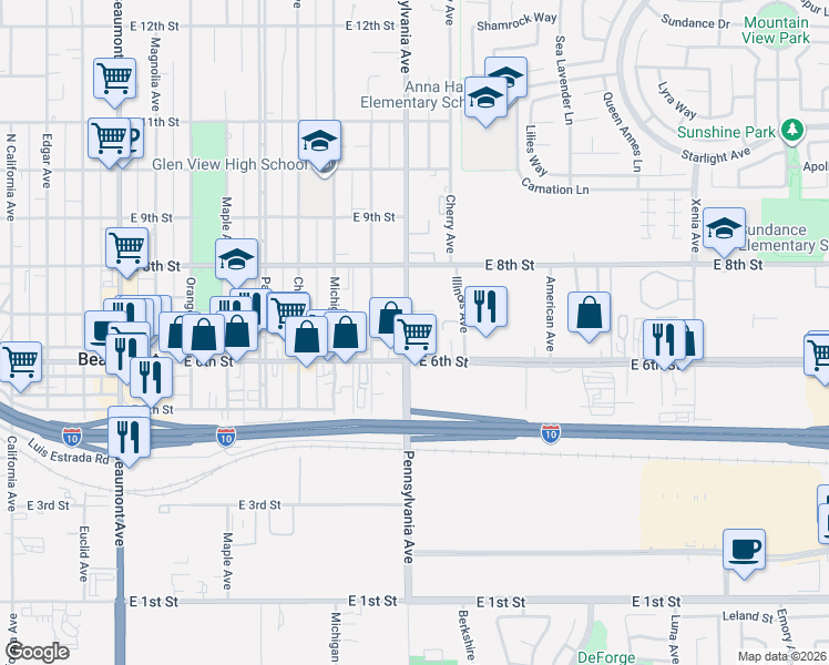 map of restaurants, bars, coffee shops, grocery stores, and more near 612 Pennsylvania Avenue in Beaumont