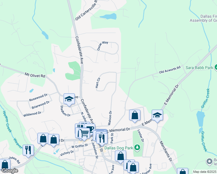 map of restaurants, bars, coffee shops, grocery stores, and more near 205 Hart Circle in Dallas