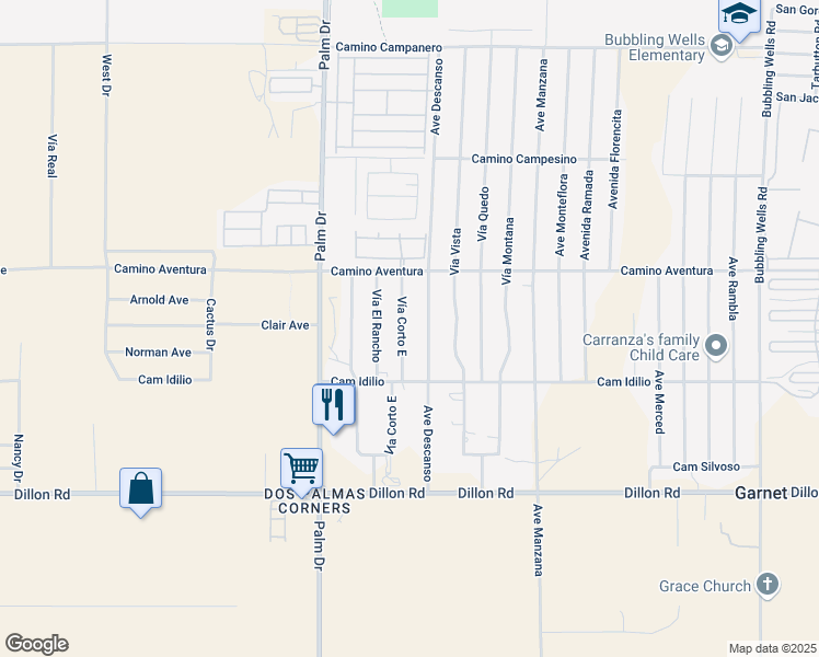 map of restaurants, bars, coffee shops, grocery stores, and more near 16285 Avenue Descanso in Desert Hot Springs
