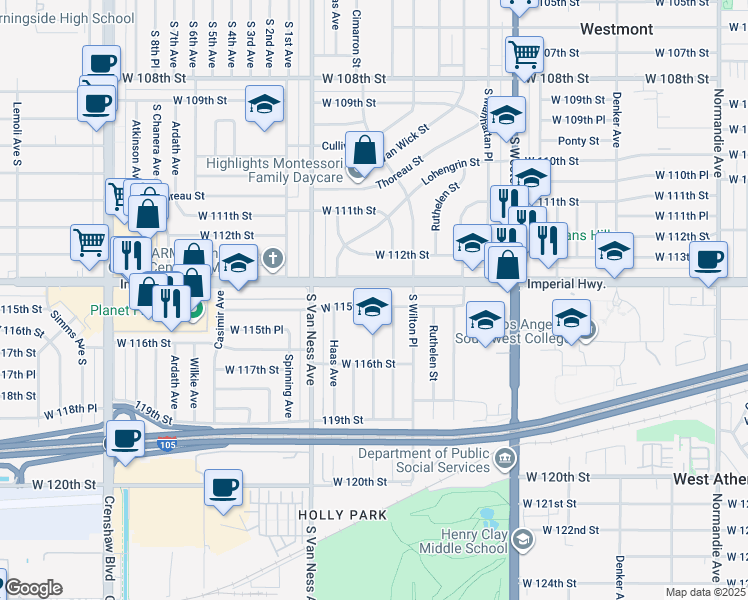 map of restaurants, bars, coffee shops, grocery stores, and more near 2049 West 115th Street in Hawthorne