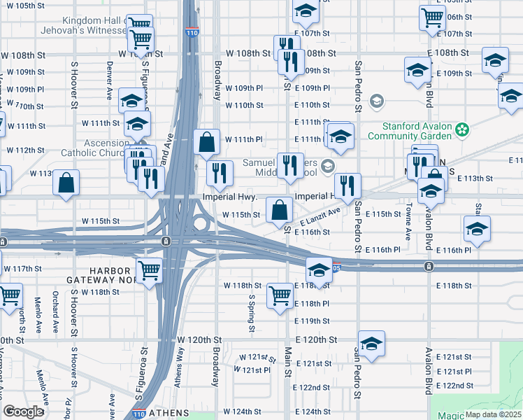 map of restaurants, bars, coffee shops, grocery stores, and more near 145 West 115th Street in Los Angeles