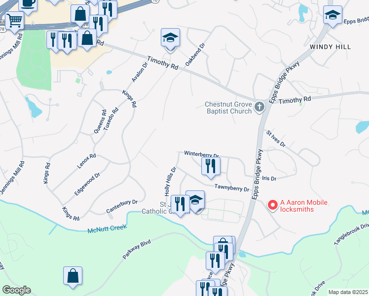 map of restaurants, bars, coffee shops, grocery stores, and more near 320 Winterberry Drive in Athens