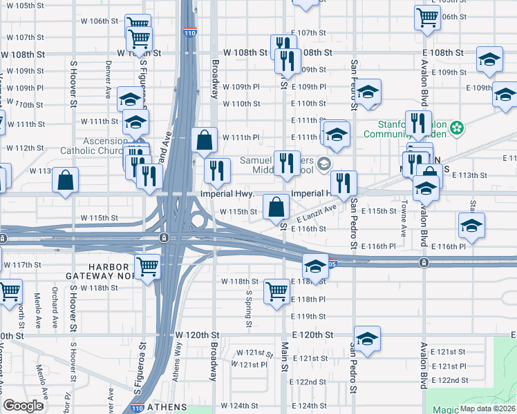 map of restaurants, bars, coffee shops, grocery stores, and more near 145 West 115th Street in Los Angeles