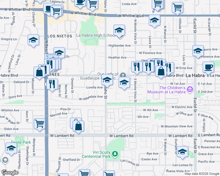 map of restaurants, bars, coffee shops, grocery stores, and more near 222 South Idaho Street in La Habra