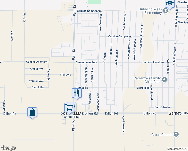 map of restaurants, bars, coffee shops, grocery stores, and more near 16285 Avenue Descanso in Desert Hot Springs