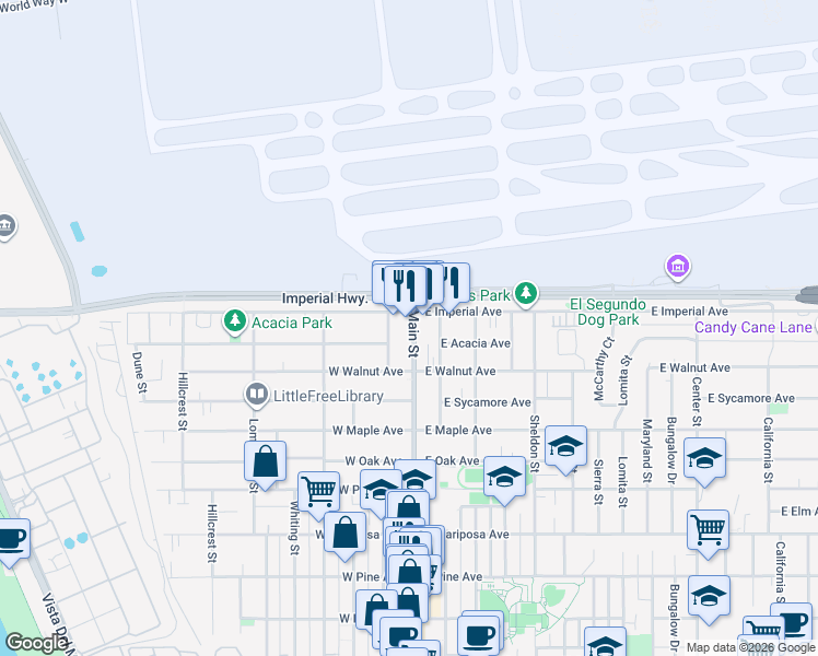 map of restaurants, bars, coffee shops, grocery stores, and more near 950 Main Street in El Segundo