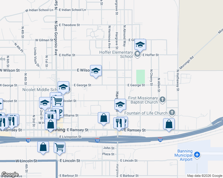 map of restaurants, bars, coffee shops, grocery stores, and more near 720 East George Street in Banning