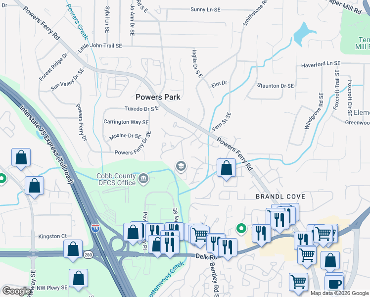 map of restaurants, bars, coffee shops, grocery stores, and more near 2244 Runnymead Ridge Southeast in Marietta