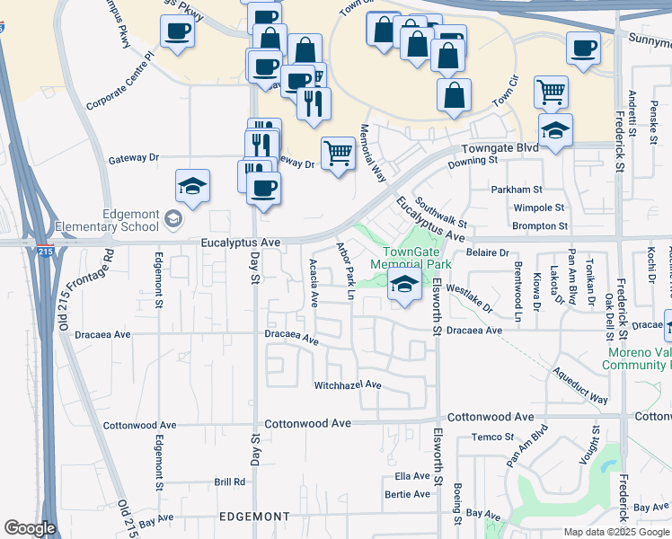 map of restaurants, bars, coffee shops, grocery stores, and more near 13126 Honeylocust Avenue in Moreno Valley