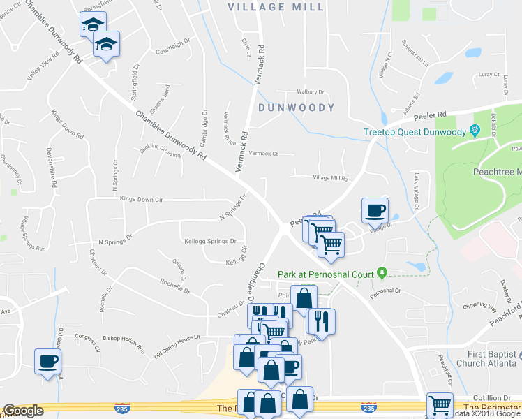 map of restaurants, bars, coffee shops, grocery stores, and more near 4746 Chamblee Dunwoody Road in Dunwoody