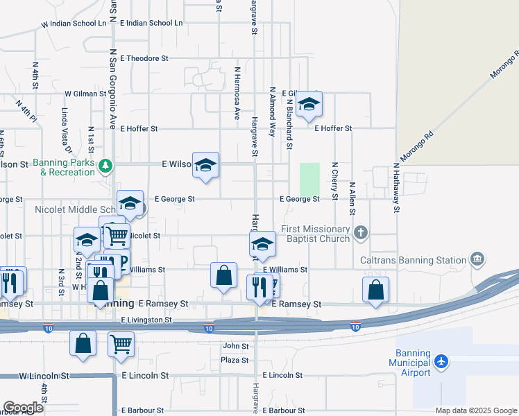 map of restaurants, bars, coffee shops, grocery stores, and more near 552 North Hargrave Street in Banning