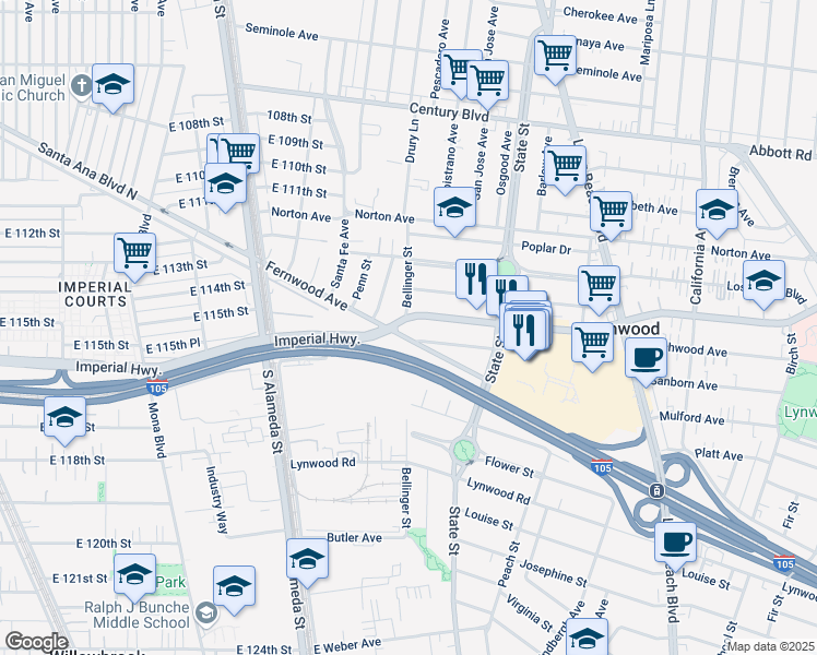 map of restaurants, bars, coffee shops, grocery stores, and more near 2909 Beechwood Avenue in Lynwood