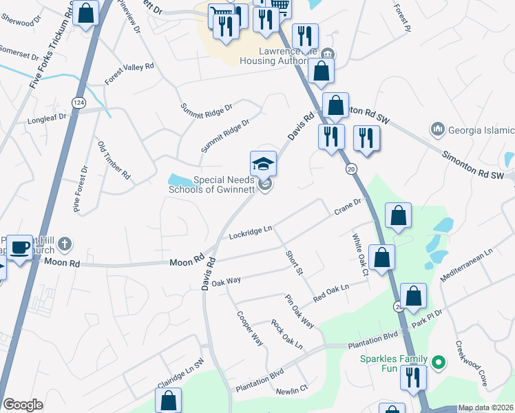 map of restaurants, bars, coffee shops, grocery stores, and more near 702 Davis Road in Lawrenceville