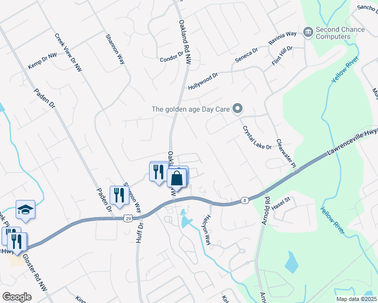 map of restaurants, bars, coffee shops, grocery stores, and more near 2271 Oakland Downs Way in Lawrenceville