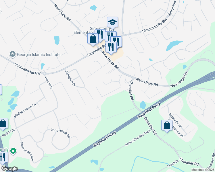 map of restaurants, bars, coffee shops, grocery stores, and more near 115 Chandler Ridge Lane Southeast in Lawrenceville