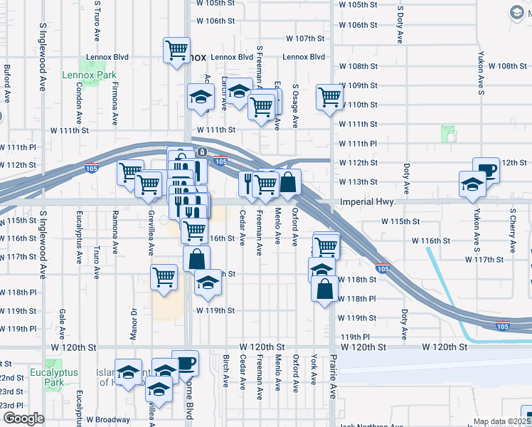 map of restaurants, bars, coffee shops, grocery stores, and more near 11422 Freeman Avenue in Hawthorne