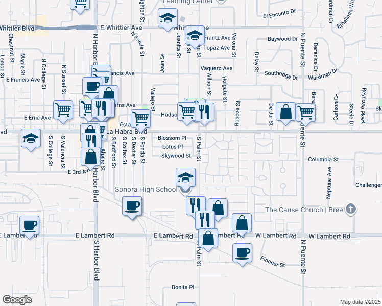 map of restaurants, bars, coffee shops, grocery stores, and more near 1825 Skywood Street in Brea