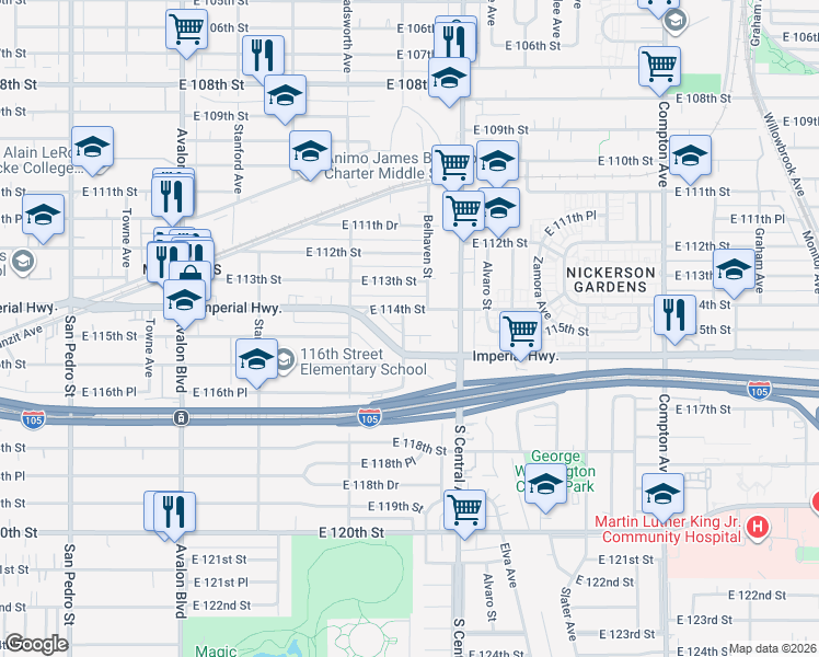 map of restaurants, bars, coffee shops, grocery stores, and more near 11420 Clovis Avenue in Los Angeles
