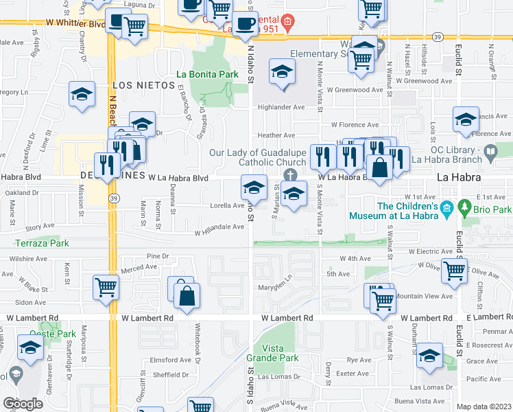 map of restaurants, bars, coffee shops, grocery stores, and more near 222 South Idaho Street in La Habra