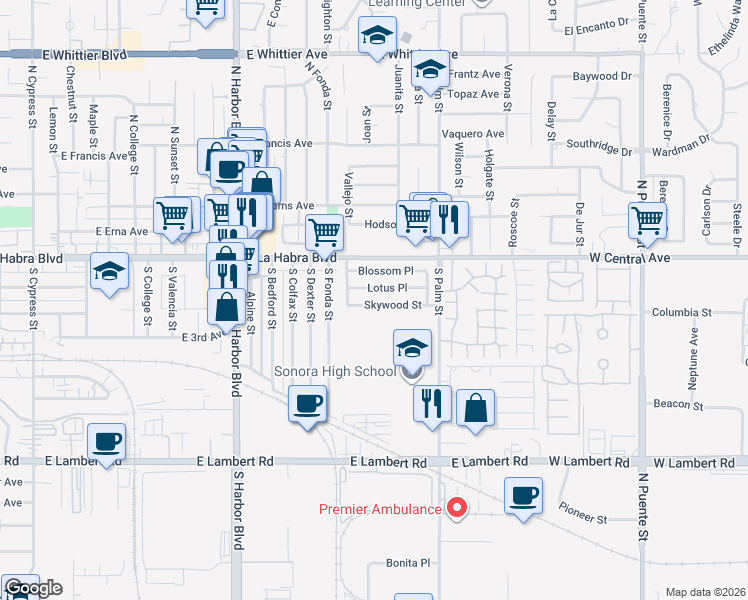 map of restaurants, bars, coffee shops, grocery stores, and more near 1935 Skywood Street in Brea