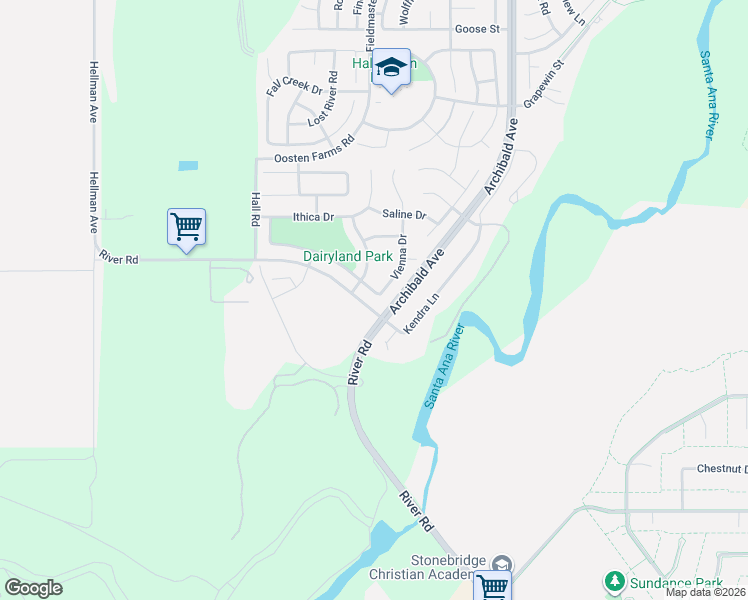 map of restaurants, bars, coffee shops, grocery stores, and more near 14511 River Road in Eastvale