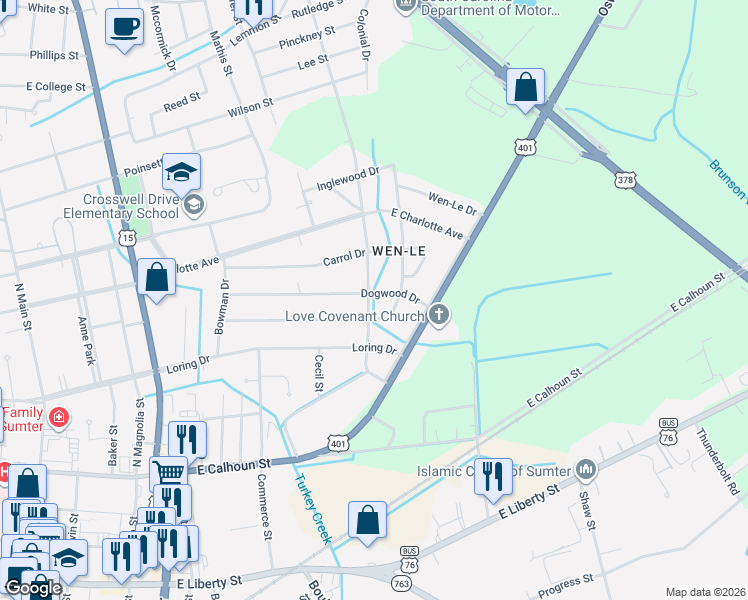 map of restaurants, bars, coffee shops, grocery stores, and more near 509 Robney Drive in Sumter