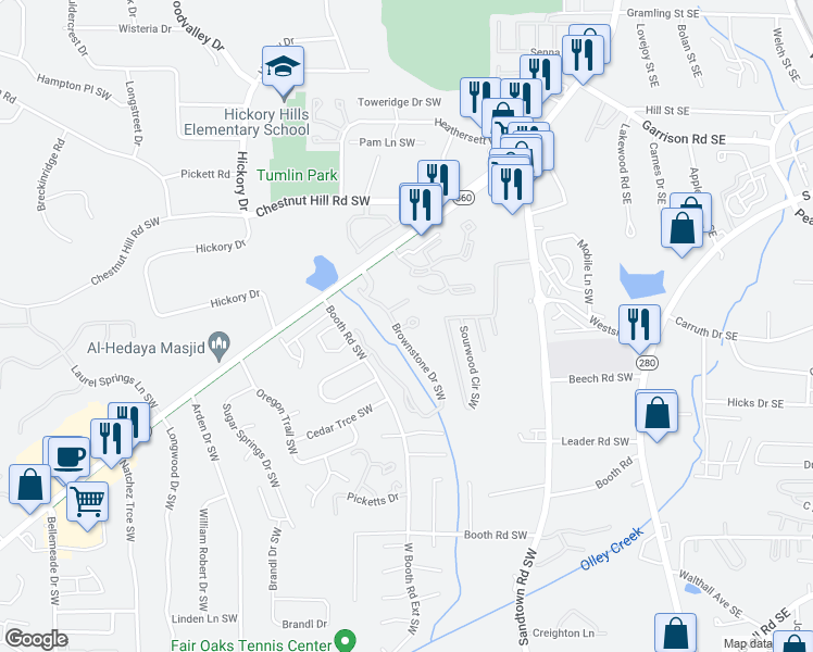 map of restaurants, bars, coffee shops, grocery stores, and more near 340 Brownstone Circle in Marietta